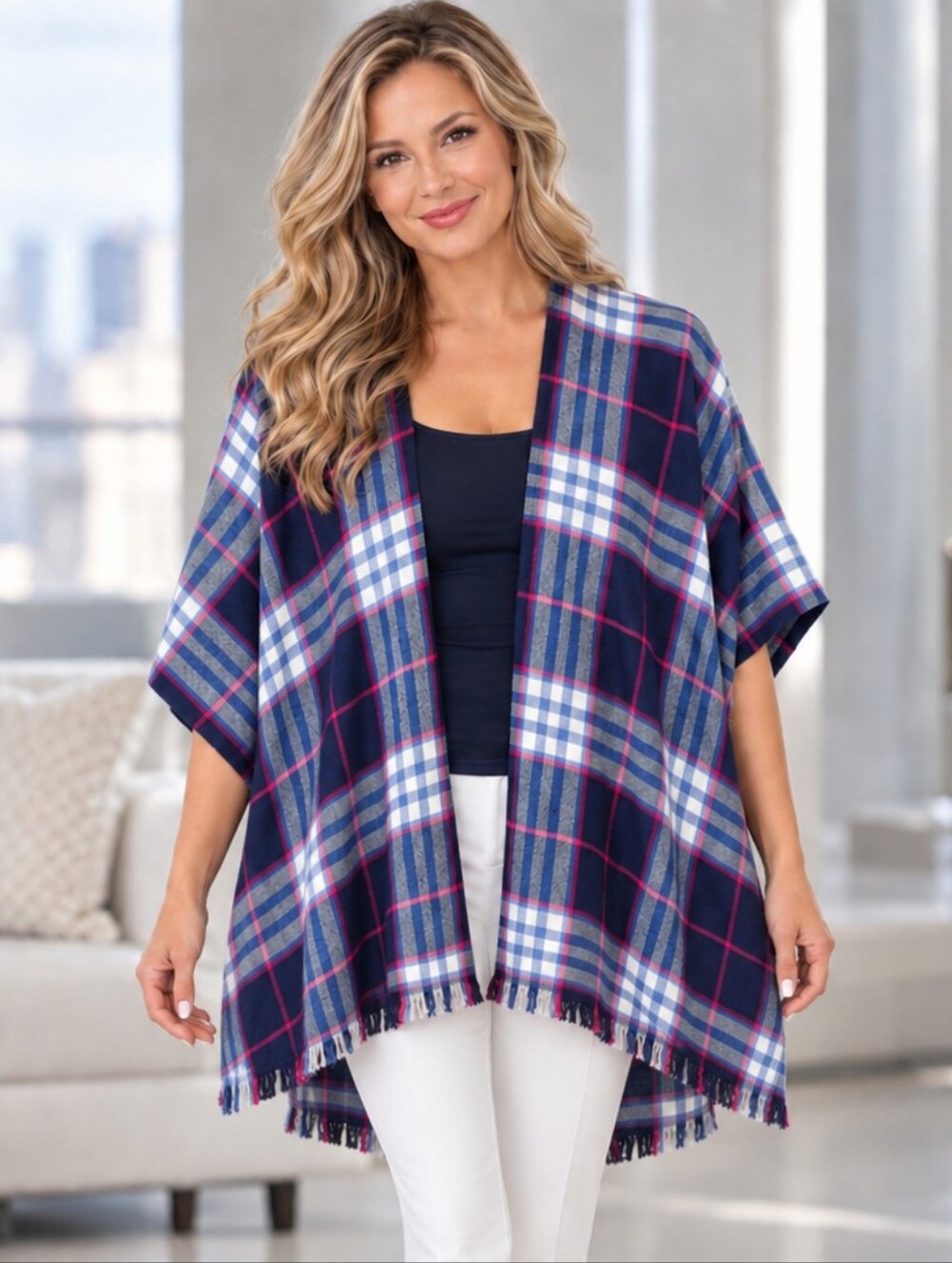 LOFT Blue Pink Plaid Open-Front Poncho Ruana Wrap